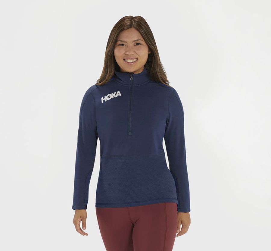 Hoka Womens Tee NZ - Hoka Half Zip Mid Layer Navy Blue (TIK316489)